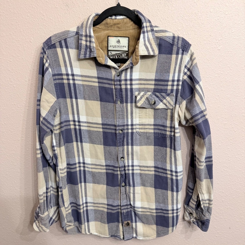 Legendary Whitetails Buck Camp Flannel Shirt Mens Small Blue Tan Plaid Cotton